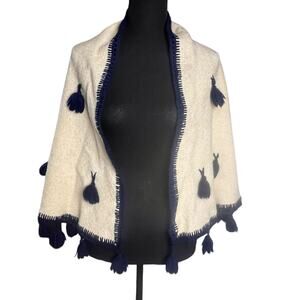 Peruvian Pom Pom Tassel Shawl Half Circle Cream Navy 53x25.5”Boho Sofa Throw OS